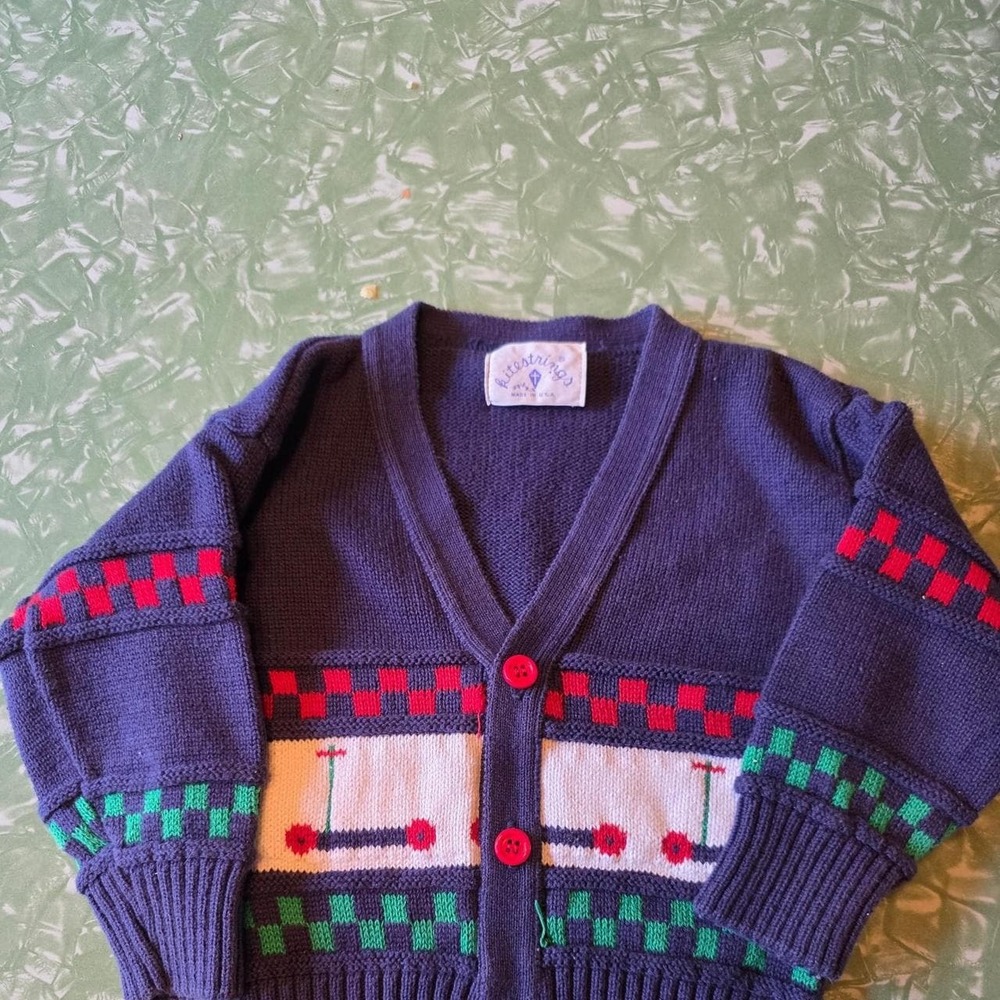 Vintage Kitestrings Kids Cardigan Sweater Scooter Pattern Navy Made USA Toddler